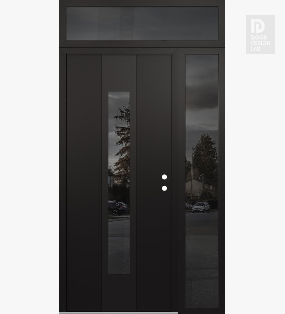 Modern Steel Front Door DIAMOND A1 52" X 96" BLACK/BLACK MIRRORED GLASS PANEL BLACK LHI WITH SIDELITE AND TRANSOM MIRRORED GLASS
