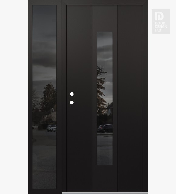 Modern Steel Front Door DIAMOND A1 52" X 80" BLACK/BLACK MIRRORED GLASS PANEL BLACK RHI WITH SIDELITE MIRRORED GLASS