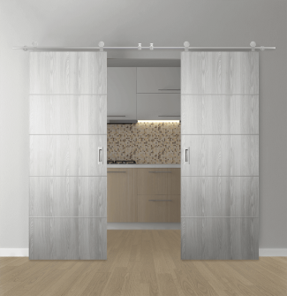 DOUBLE BARN DOOR OPTIMA 4H RIBEIRA ASH 64" X 96" X 1 3/4" SOLID CORE STAINLESS STEEL HARDWARE