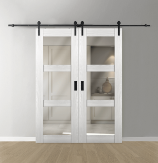 DOUBLE BARN DOOR AVON 3 LITE VETRO RIBEIRA ASH 48" X 80" X 1 3/4" BLACK HARDWARE