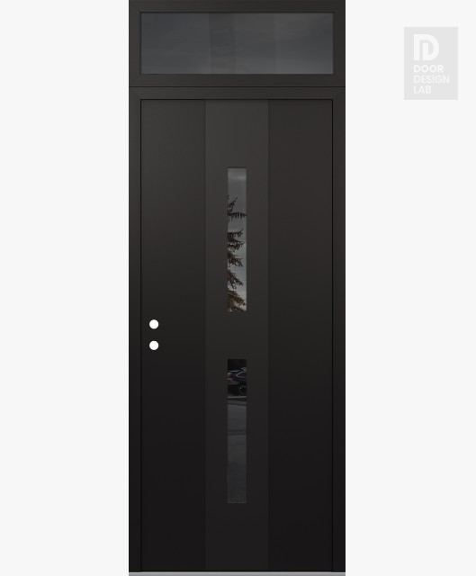 Modern Steel Front Door DIAMOND A6 36" X 96" BLACK/BLACK MIRRORED GLASS PANEL BLACK RHI WITH TRANSOM MIRRORED GLASS