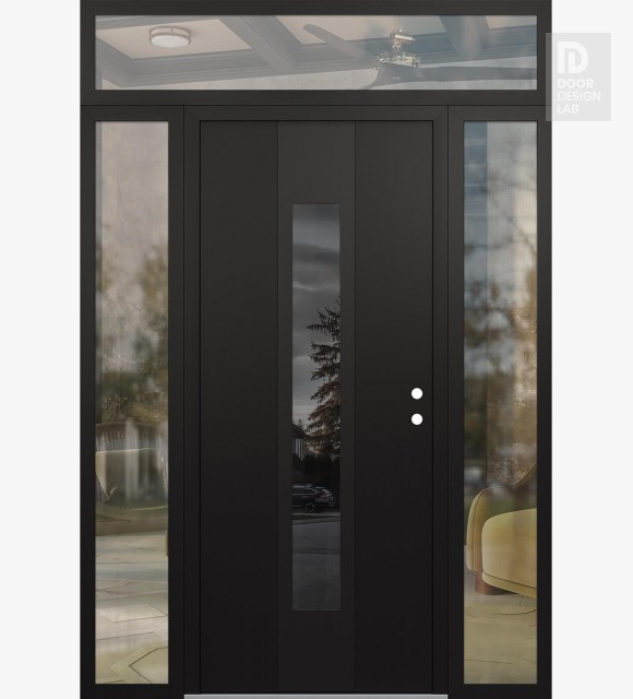 Modern Steel Front Door DIAMOND A1 60" X 96" BLACK/BLACK MIRRORED GLASS PANEL BLACK LHI WITH 2 SIDELITES AND TRANSOM CLEAR GLASS