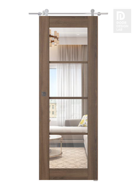 Avon 4 Lite Clear Vetro Pecan Nutwood Modern Interior Barn Door by Belldinni