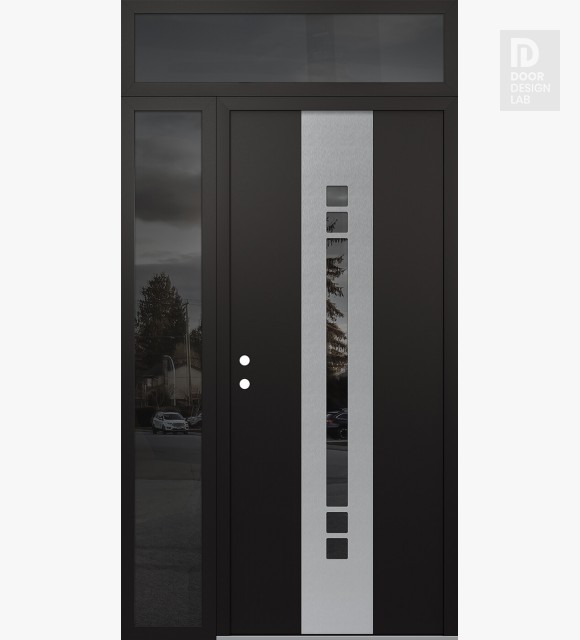Modern Steel Front Door DIAMOND A4 52" X 96" BLACK/BLACK MIRRORED GLASS PANEL STAINLESS STEEL RHI WITH SIDELITE AND TRANSOM MIRRORED GLASS