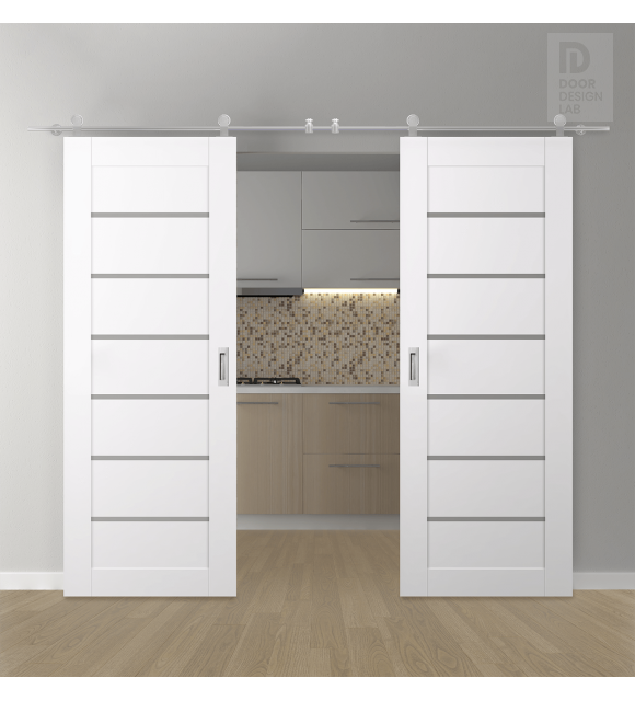 DOUBLE BARN DOOR ALBA SNOW WHITE 60" X 84" X 1 3/4" STAINLESS STEEL HARDWARE