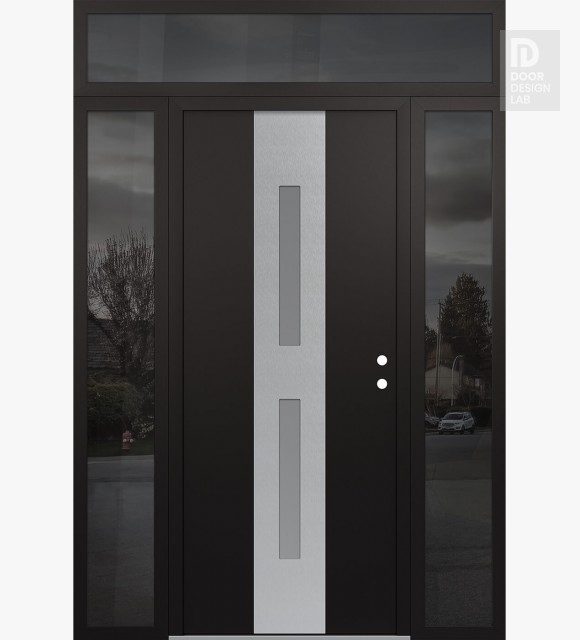 Modern Steel Front Door DIAMOND A6 64" X 96" BLACK/WHITE FROSTED GLASS PANEL STAINLESS STEEL LHI WITH 2 SIDELITES AND TRANSOM MIRRORED GLASS