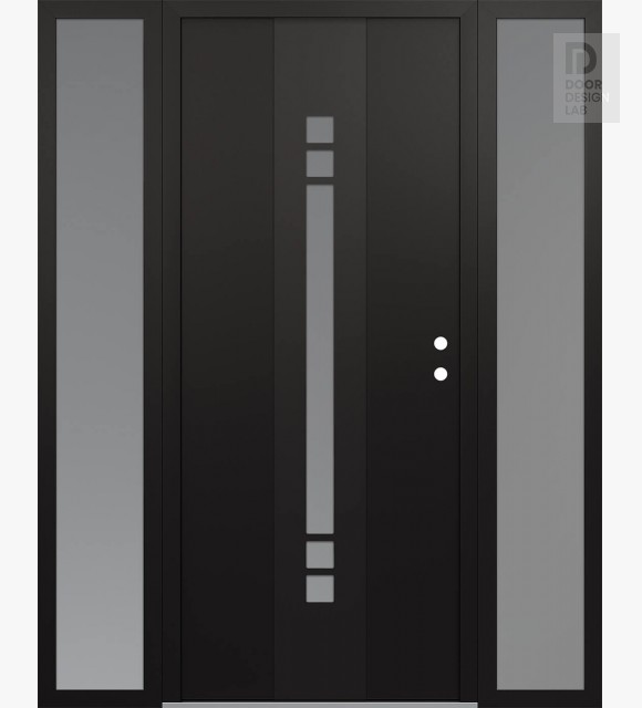 Modern Steel Front Door DIAMOND A4 64" X 80" BLACK/WHITE FROSTED GLASS PANEL BLACK LHI WITH 2 SIDELITES FROSTED GLASS
