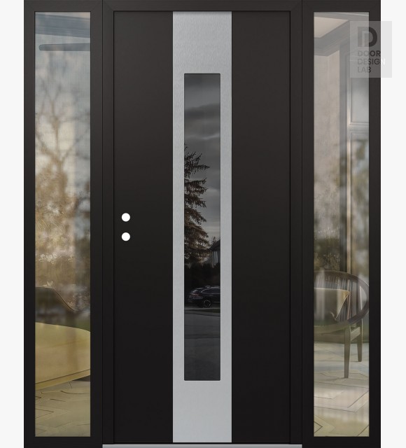 Modern Steel Front Door DIAMOND A1 64" X 80" BLACK/BLACK MIRRORED GLASS PANEL STAINLESS STEEL RHI WITH 2 SIDELITES CLEAR GLASS