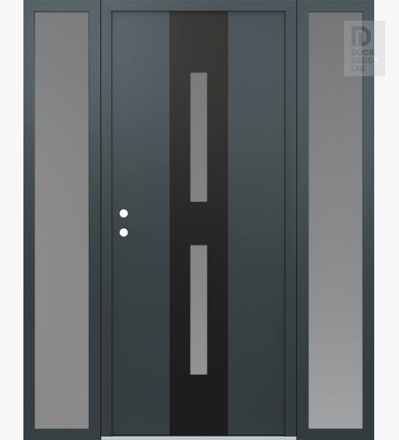 Modern Steel Front Door DIAMOND A6 64" X 80" ANTHRACITE/ANTHRACITE FROSTED GLASS PANEL BLACK RHI WITH 2 SIDELITES FROSTED GLASS