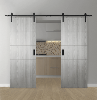 DOUBLE BARN DOOR OPTIMA 4H RIBEIRA ASH 64" X 96" X 1 3/4" SOLID CORE BLACK HARDWARE