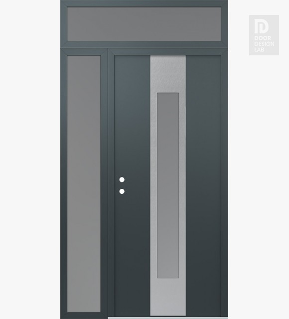 Modern Steel Front Door DIAMOND A1 48" X 96" ANTHRACITE/ANTHRACITE FROSTED GLASS PANEL STAINLESS STEEL RHI WITH SIDELITE AND TRANSOM FROSTED GLASS