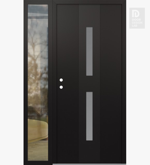 Modern Steel Front Door DIAMOND A6 50" X 80" BLACK/WHITE FROSTED GLASS PANEL BLACK RHI WITH SIDELITE CLEAR GLASS