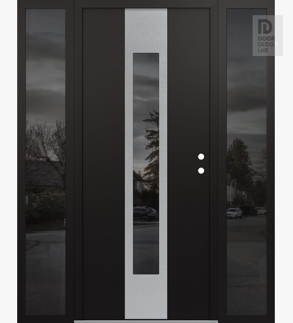 Modern Steel Front Door DIAMOND A1 68" X 80" BLACK/BLACK MIRRORED GLASS PANEL STAINLESS STEEL LHI WITH 2 SIDELITES MIRRORED GLASS
