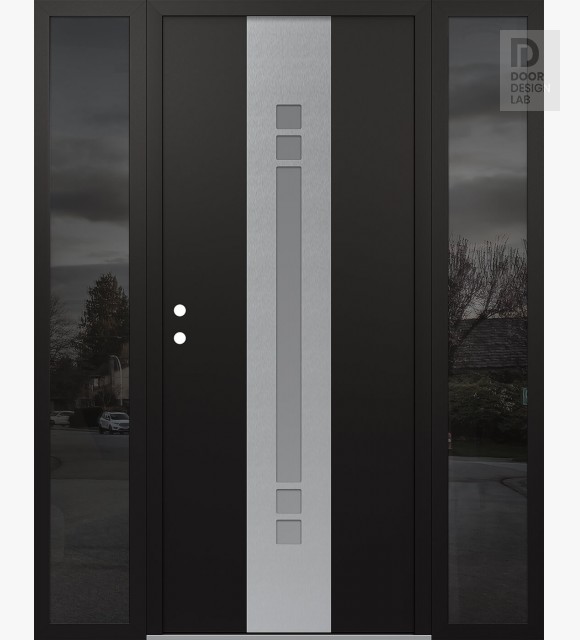 Modern Steel Front Door DIAMOND A4 60" X 80" BLACK/WHITE FROSTED GLASS PANEL STAINLESS STEEL RHI WITH 2 SIDELITES MIRRORED GLASS