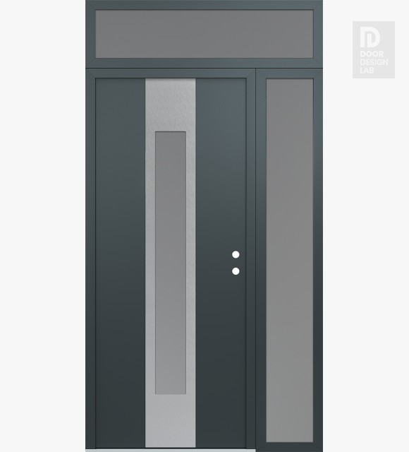 Modern Steel Front Door DIAMOND A1 48" X 96" ANTHRACITE/ANTHRACITE FROSTED GLASS PANEL STAINLESS STEEL LHI WITH SIDELITE AND TRANSOM FROSTED GLASS