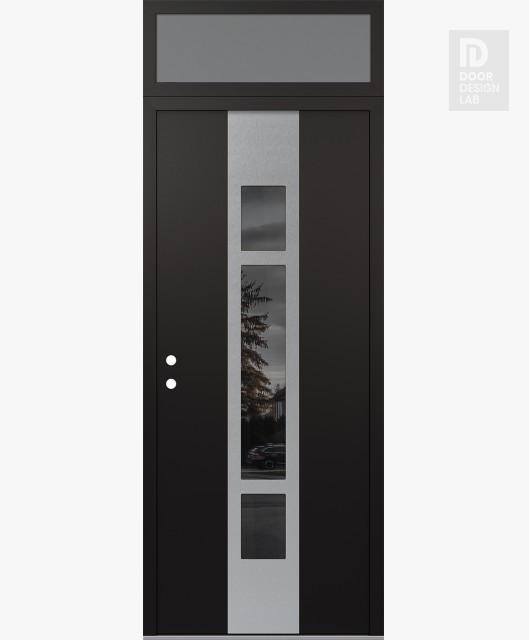 Modern Steel Front Door DIAMOND A9 36" X 96" BLACK/BLACK MIRRORED GLASS PANEL STAINLESS STEEL RHI WITH TRANSOM FROSTED GLASS