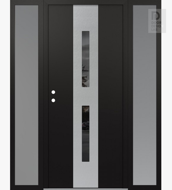 Modern Steel Front Door DIAMOND A6 60" X 80" BLACK/BLACK MIRRORED GLASS PANEL STAINLESS STEEL RHI WITH 2 SIDELITES FROSTED GLASS