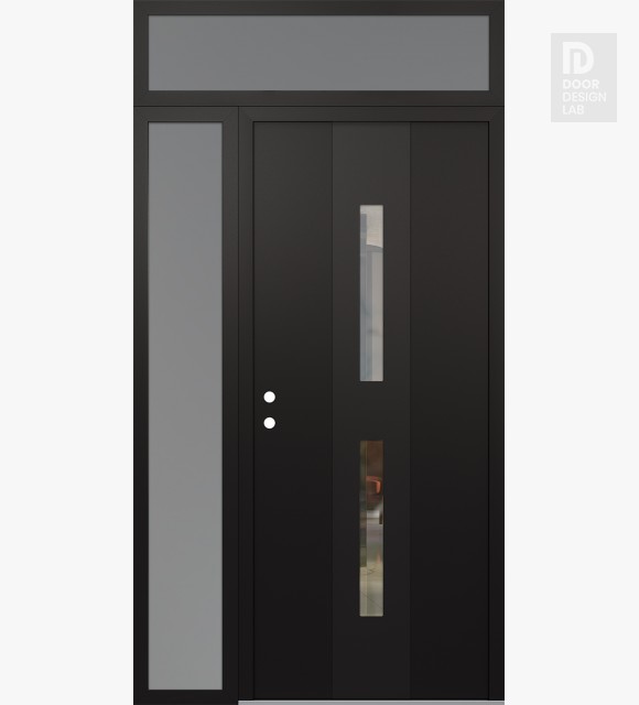 Modern Steel Front Door DIAMOND A6 52" X 96" BLACK/BLACK CLEAR GLASS PANEL BLACK RHI WITH SIDELITE AND TRANSOM FROSTED GLASS
