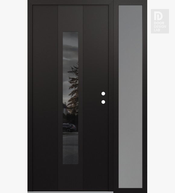 Modern Steel Front Door DIAMOND A1 48" X 80" BLACK/BLACK MIRRORED GLASS PANEL BLACK LHI WITH SIDELITE FROSTED GLASS