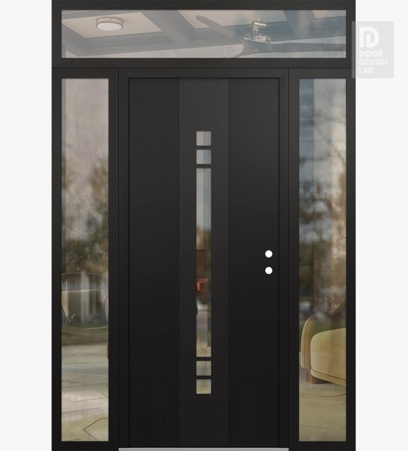 Modern Steel Front Door DIAMOND A4 60" X 96" BLACK/BLACK CLEAR GLASS PANEL BLACK LHI WITH 2 SIDELITES AND TRANSOM CLEAR GLASS