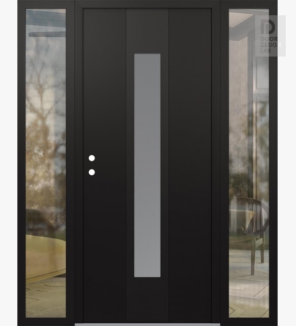 Modern Steel Front Door DIAMOND A1 60" X 80" BLACK/WHITE FROSTED GLASS PANEL BLACK RHI WITH 2 SIDELITES CLEAR GLASS