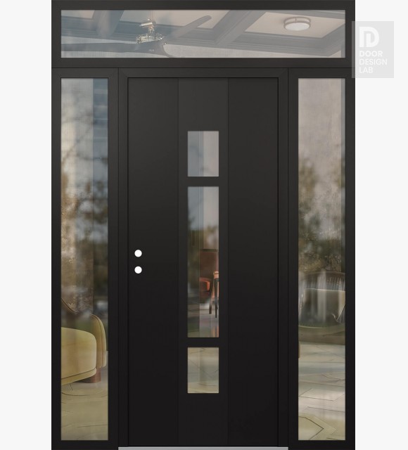 Modern Steel Front Door DIAMOND A9 64" X 96" BLACK/BLACK CLEAR GLASS PANEL BLACK RHI WITH 2 SIDELITES AND TRANSOM CLEAR GLASS