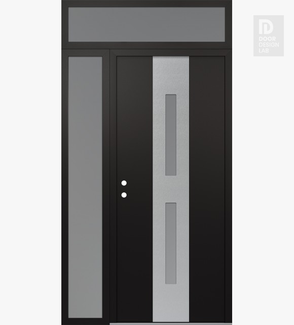 Modern Steel Front Door DIAMOND A6 52" X 96" BLACK/WHITE FROSTED GLASS PANEL STAINLESS STEEL RHI WITH SIDELITE AND TRANSOM FROSTED GLASS