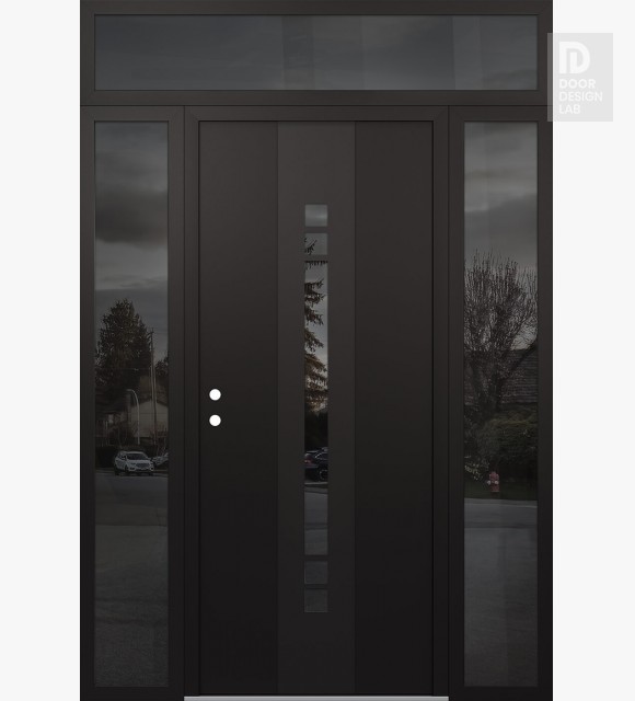 Modern Steel Front Door DIAMOND A4 68" X 96" BLACK/BLACK MIRRORED GLASS PANEL BLACK RHI WITH 2 SIDELITES AND TRANSOM MIRRORED GLASS