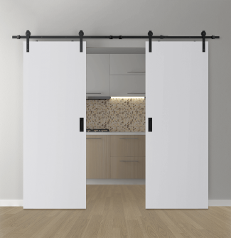 DOUBLE BARN DOOR PALLADIO BIANCO NOBLE 36" X 80" X 1 9/16" SOLID CORE BLACK HARDWARE
