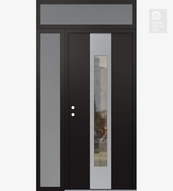 Modern Steel Front Door DIAMOND A1 48" X 96" BLACK/BLACK CLEAR GLASS PANEL STAINLESS STEEL RHI WITH SIDELITE AND TRANSOM FROSTED GLASS