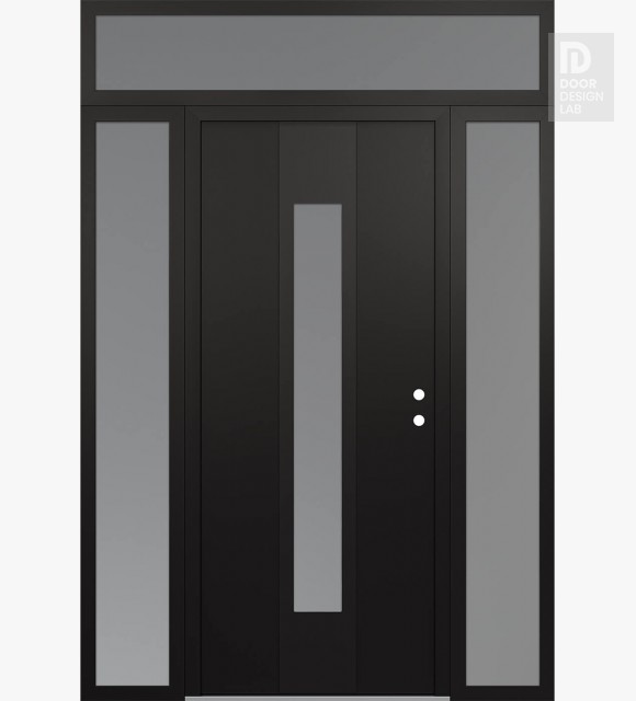 Modern Steel Front Door DIAMOND A1 60" X 96" BLACK/WHITE FROSTED GLASS PANEL BLACK LHI WITH 2 SIDELITES AND TRANSOM FROSTED GLASS