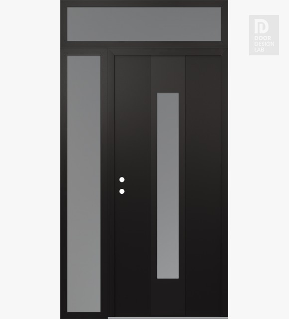 Modern Steel Front Door DIAMOND A1 48" X 96" BLACK/WHITE FROSTED GLASS PANEL BLACK RHI WITH SIDELITE AND TRANSOM FROSTED GLASS