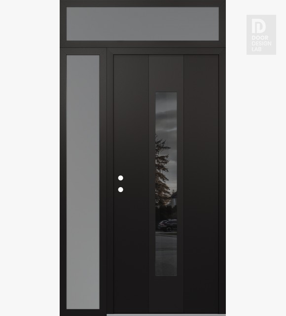 Modern Steel Front Door DIAMOND A1 50" X 96" BLACK/BLACK MIRRORED GLASS PANEL BLACK RHI WITH SIDELITE AND TRANSOM FROSTED GLASS