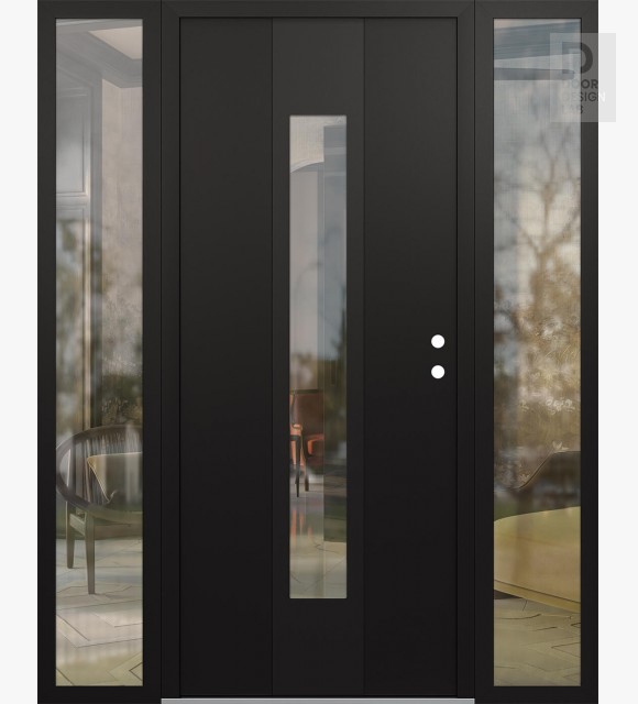 Modern Steel Front Door DIAMOND A1 64" X 80" BLACK/BLACK CLEAR GLASS PANEL BLACK LHI WITH 2 SIDELITES CLEAR GLASS