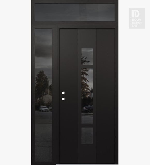 Modern Steel Front Door DIAMOND A9 48" X 96" BLACK/BLACK MIRRORED GLASS PANEL BLACK RHI WITH SIDELITE AND TRANSOM MIRRORED GLASS