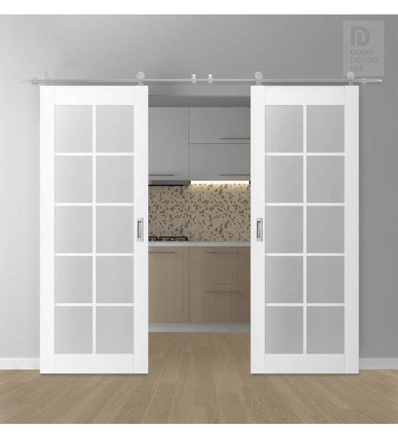 DOUBLE BARN DOOR PALLADIO 10 LITE VETRO BIANCO NOBLE 36" X 84" X 1 9/16" TEMPERED FROSTED GLASS STAINLESS STEEL HARDWARE