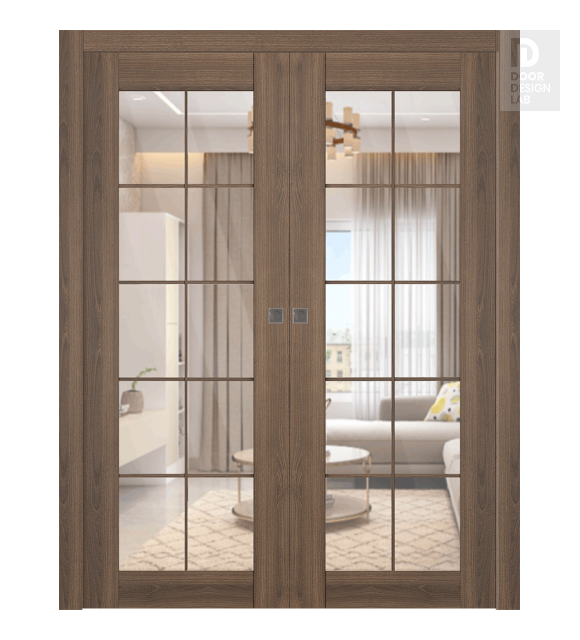 Avon 10 Lite Clear Pecan Nutwood Modern Interior Double Pocket Doors by Belldinni