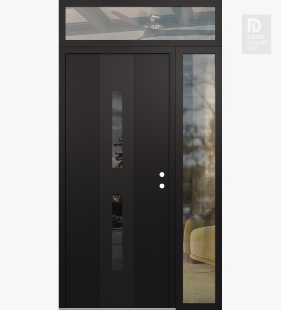 Modern Steel Front Door DIAMOND A6 52" X 96" BLACK/BLACK MIRRORED GLASS PANEL BLACK LHI WITH SIDELITE AND TRANSOM CLEAR GLASS