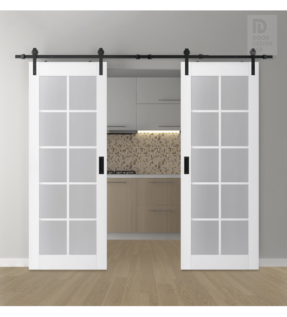 DOUBLE BARN DOOR PALLADIO 10 LITE VETRO BIANCO NOBLE 48" X 96" X 1 9/16" TEMPERED FROSTED GLASS BLACK HARDWARE