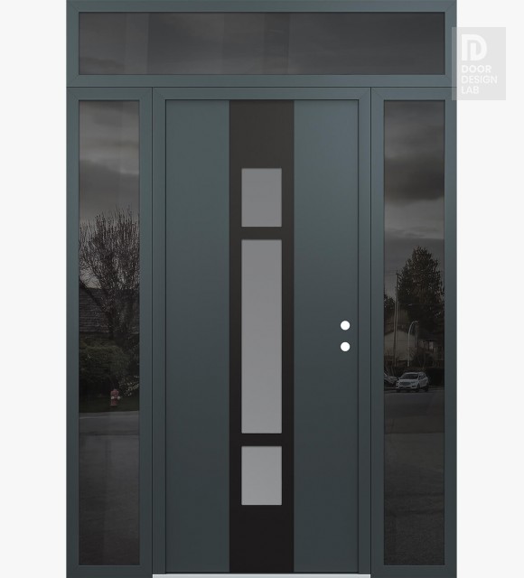 Modern Steel Front Door DIAMOND A9 68" X 96" ANTHRACITE/ANTHRACITE FROSTED GLASS PANEL BLACK LHI WITH 2 SIDELITES AND TRANSOM MIRRORED GLASS
