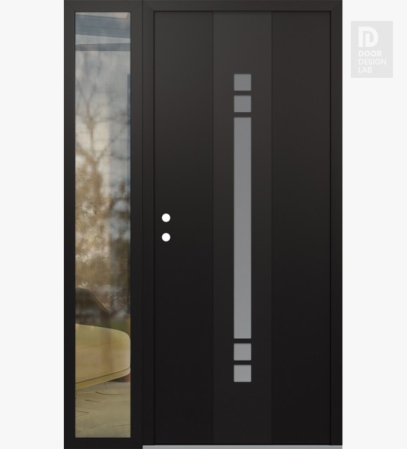 Modern Steel Front Door DIAMOND A4 50" X 80" BLACK/WHITE FROSTED GLASS PANEL BLACK RHI WITH SIDELITE CLEAR GLASS