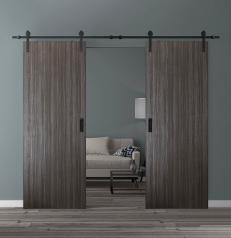 DOUBLE BARN DOOR PALLADIO GRAY OAK 36" X 96" X 1 9/16" SOLID CORE BLACK HARDWARE
