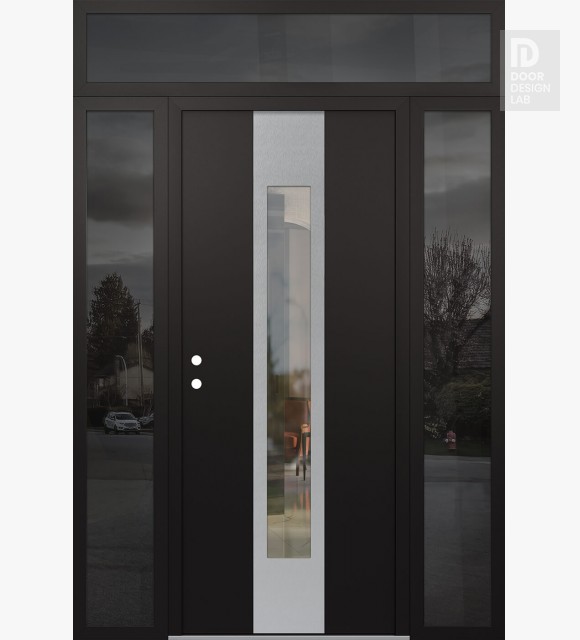 Modern Steel Front Door DIAMOND A1 68" X 96" BLACK/BLACK CLEAR GLASS PANEL STAINLESS STEEL RHI WITH 2 SIDELITES AND TRANSOM MIRRORED GLASS