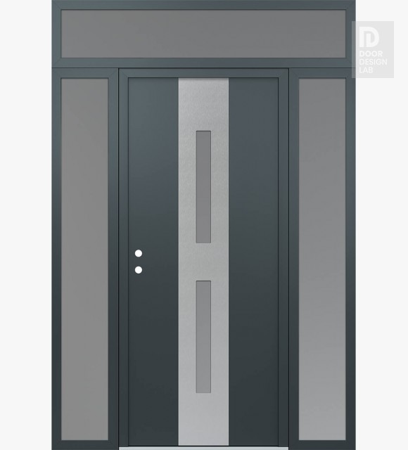 Modern Steel Front Door DIAMOND A6 60" X 96" ANTHRACITE/ANTHRACITE FROSTED GLASS PANEL STAINLESS STEEL RHI WITH 2 SIDELITES AND TRANSOM FROSTED GLASS