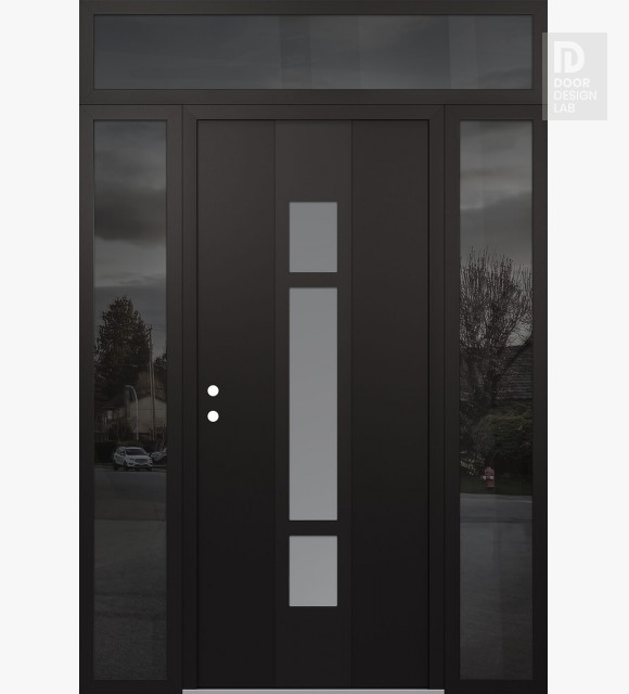 Modern Steel Front Door DIAMOND A9 64" X 96" BLACK/WHITE FROSTED GLASS PANEL BLACK RHI WITH 2 SIDELITES AND TRANSOM MIRRORED GLASS