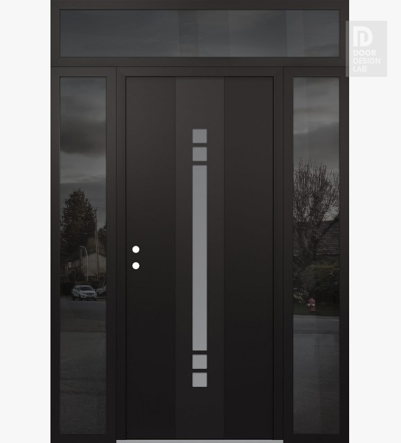 Modern Steel Front Door DIAMOND A4 64" X 96" BLACK/WHITE FROSTED GLASS PANEL BLACK RHI WITH 2 SIDELITES AND TRANSOM MIRRORED GLASS