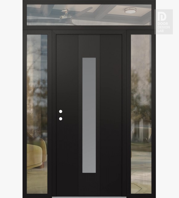Modern Steel Front Door DIAMOND A1 68" X 96" BLACK/WHITE FROSTED GLASS PANEL BLACK RHI WITH 2 SIDELITES AND TRANSOM CLEAR GLASS