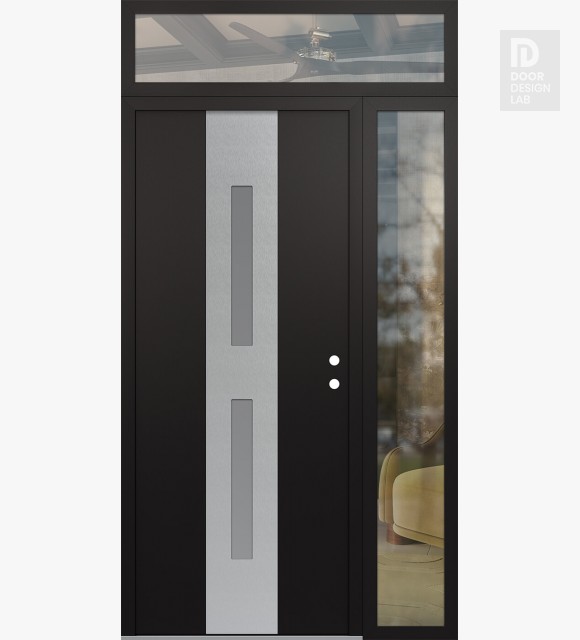 Modern Steel Front Door DIAMOND A6 50" X 96" BLACK/WHITE FROSTED GLASS PANEL STAINLESS STEEL LHI WITH SIDELITE AND TRANSOM CLEAR GLASS