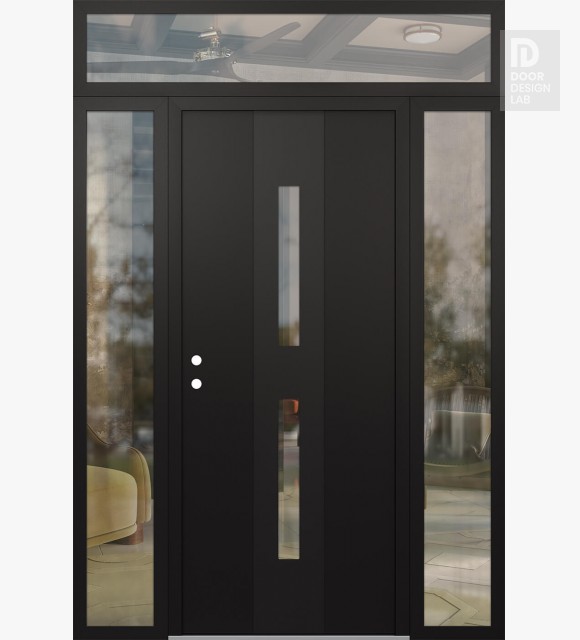Modern Steel Front Door DIAMOND A6 68" X 96" BLACK/BLACK CLEAR GLASS PANEL BLACK RHI WITH 2 SIDELITES AND TRANSOM CLEAR GLASS