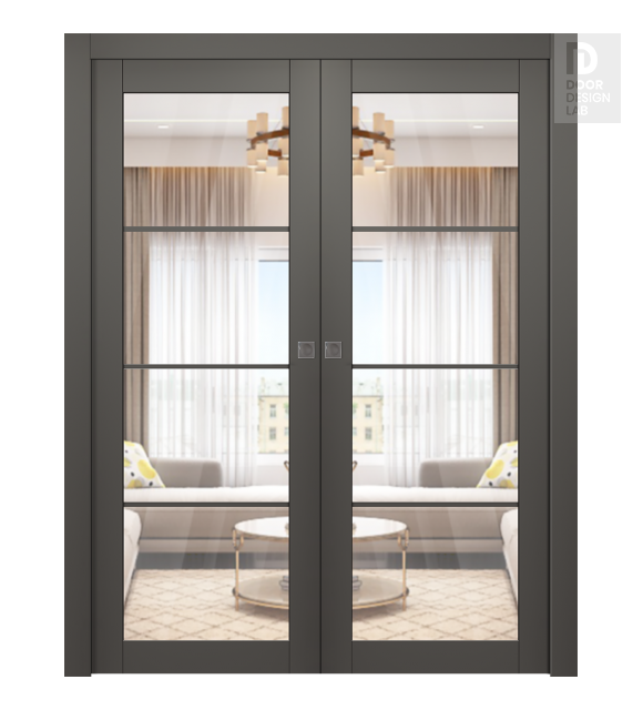 Avon 4 Lite Clear Vetro Gray Matte Modern Interior Double Pocket Doors by Belldinni